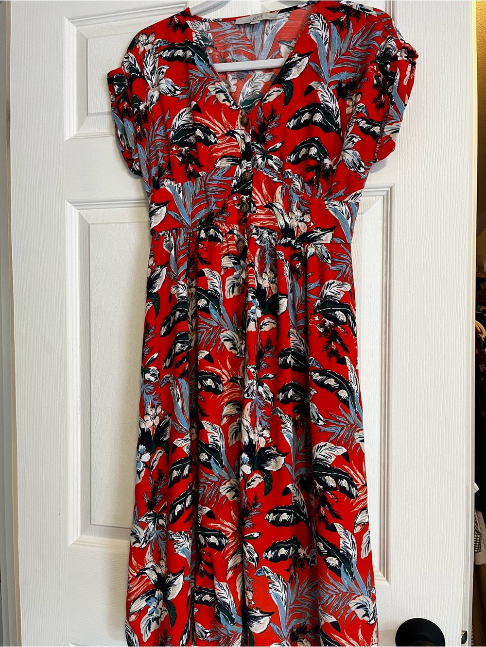 LOFT Red Floral Maxi Dress with Black & White Leaf Print